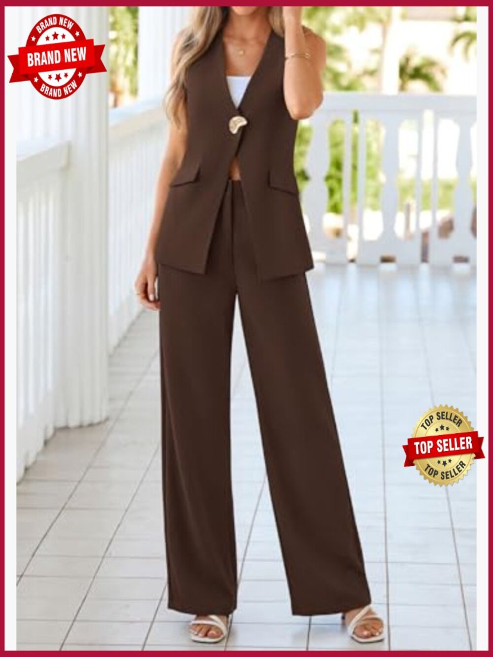 Dressy 2 Piece Pantsuit Set Sleeveless Blazer Vest Wide Leg Pants Business - Picture 4 of 7
